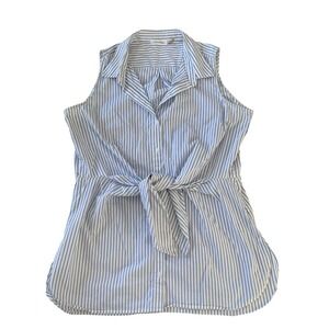 Calvin Klein Size XL Sleeveless Blouse Collared Tie-Front Blue White Stripe